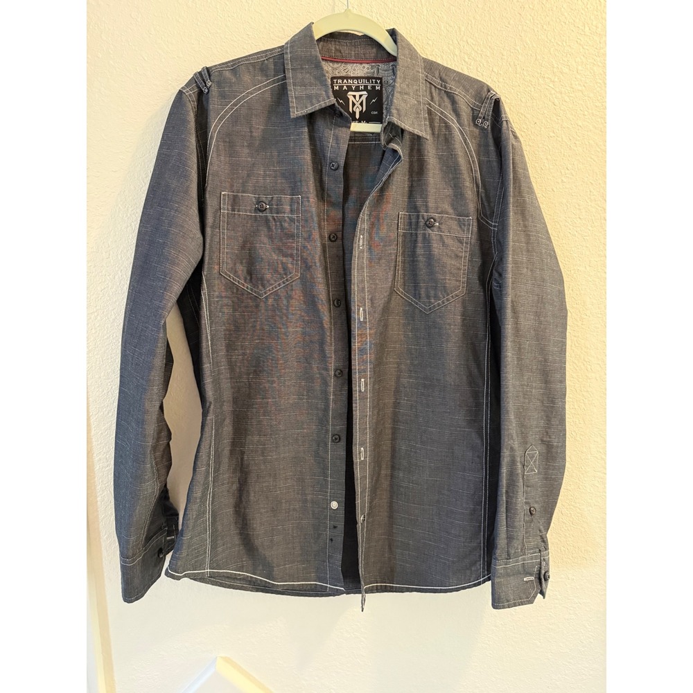 Tranquility Mayhem Mens Button Down Shirt Gray Long Sleeve Casual Size M